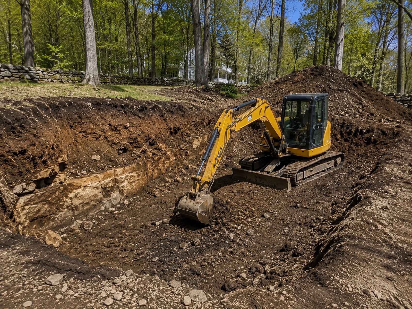A compact yellow tracked excavator actively digging a wide foundation excavation on a sloped residential lot in western Connecticut, with piles of dark glacial till soil and exposed ledge rock visible along the cut walls
