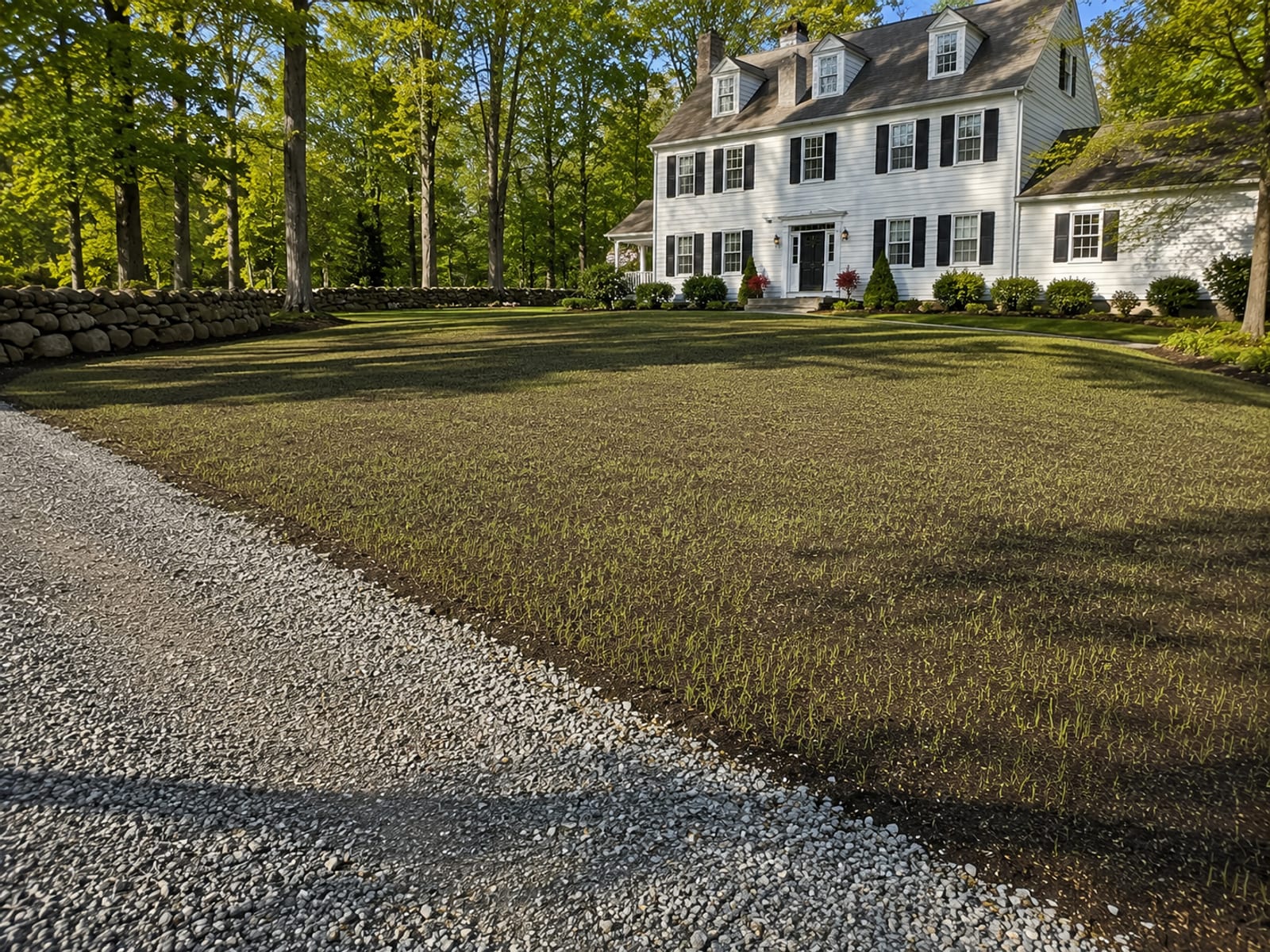 A fully restored and graded residential lot in Oxford Connecticut with smooth loam topsoil spread across the surface, hydroseeded green growth beginning to emerge, a clean gravel driveway apron, and a colonial home visible in the background