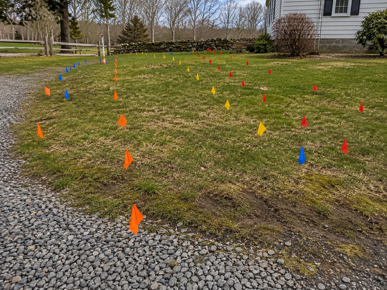 A residential lawn in Connecticut marked with a grid of colorful utility locate flags in orange, yellow, blue, and red, planted in a pattern across the grass near a gravel driveway ahead of planned excavation