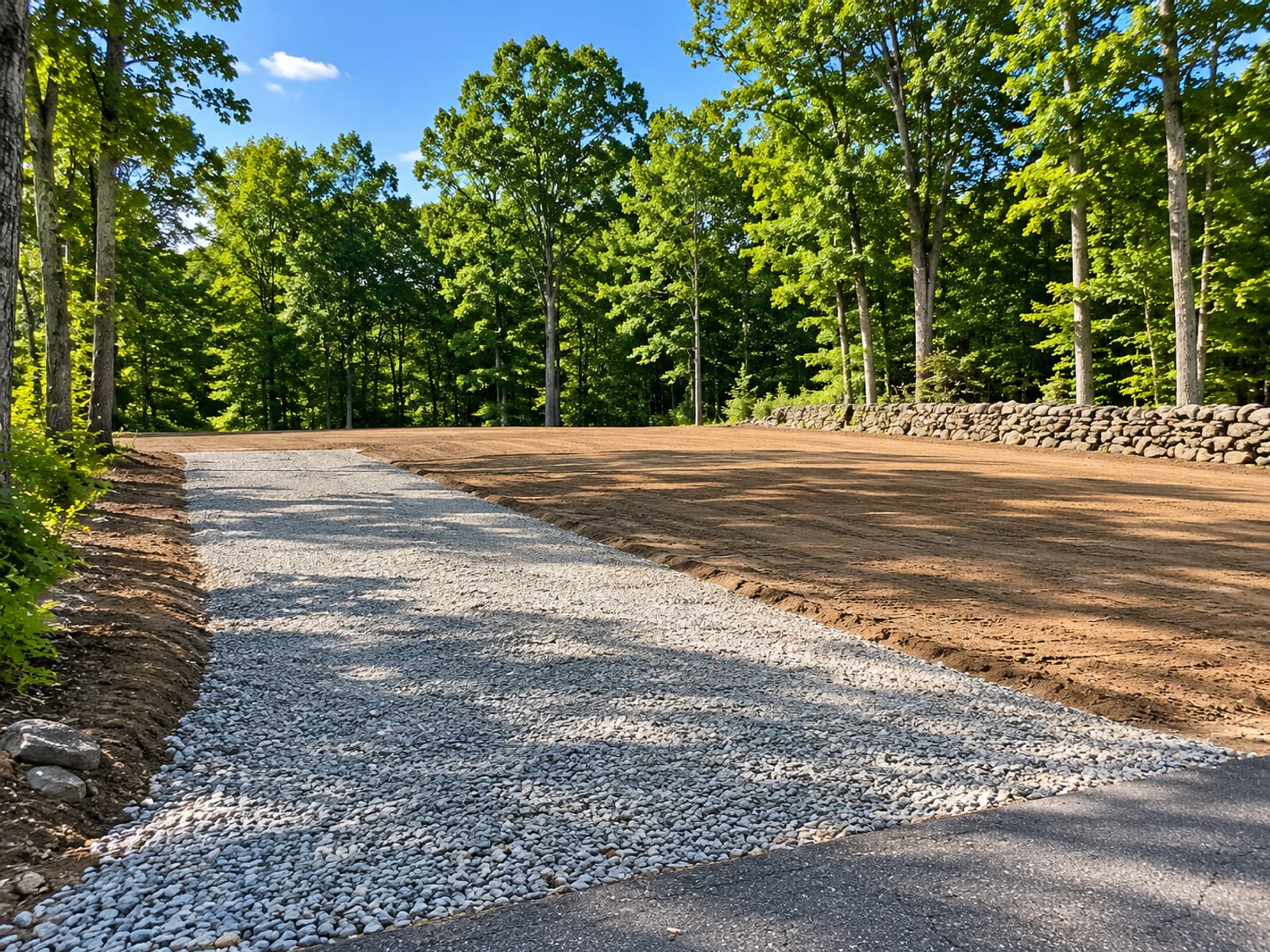 Freshly graded and leveled residential lot in Oxford Connecticut with compacted gravel driveway base and smooth soil ready for construction