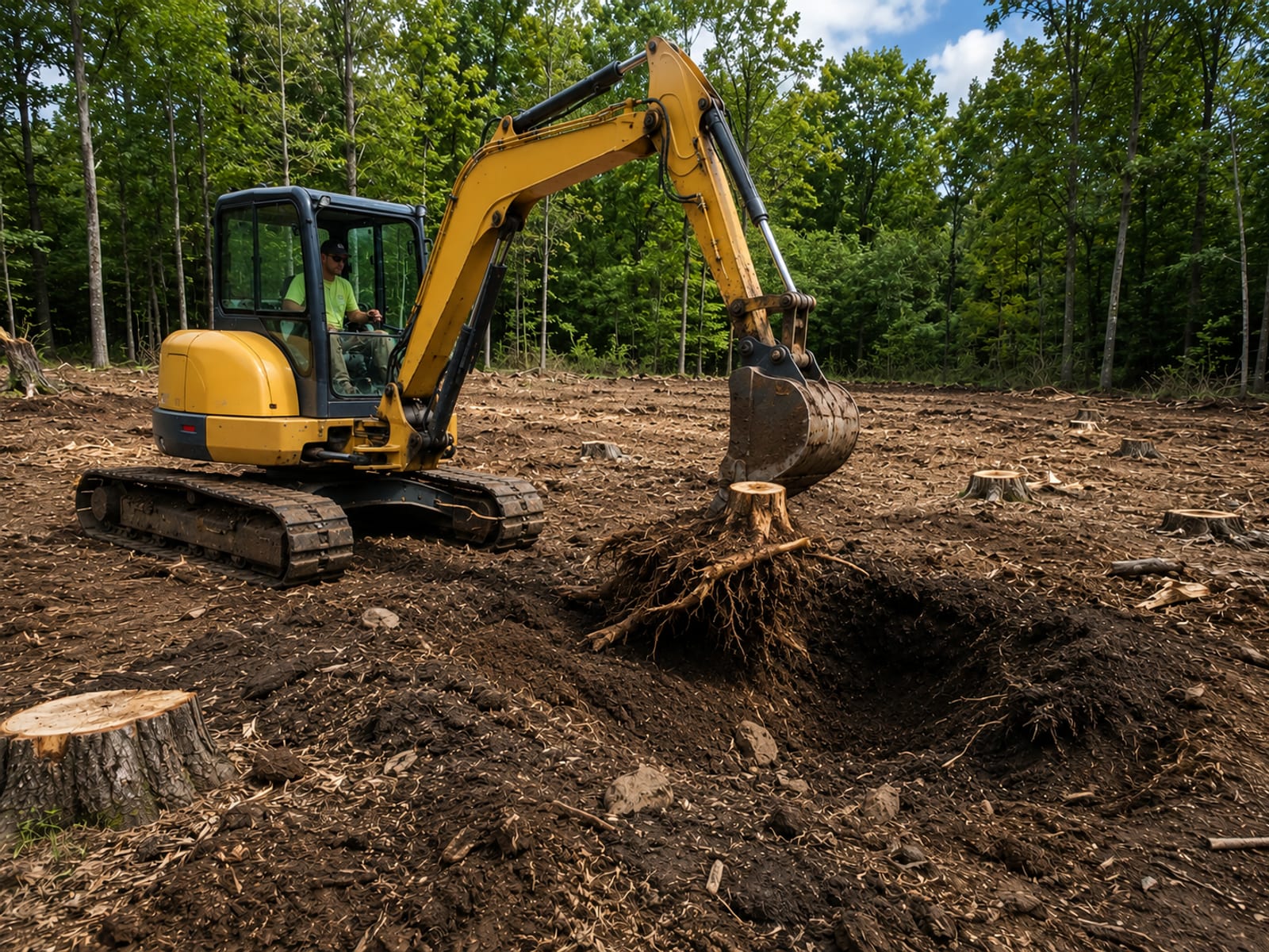 Compact yellow tracked excavator gripping a large root ball and stump on a partially cleared Connecticut residential lot
