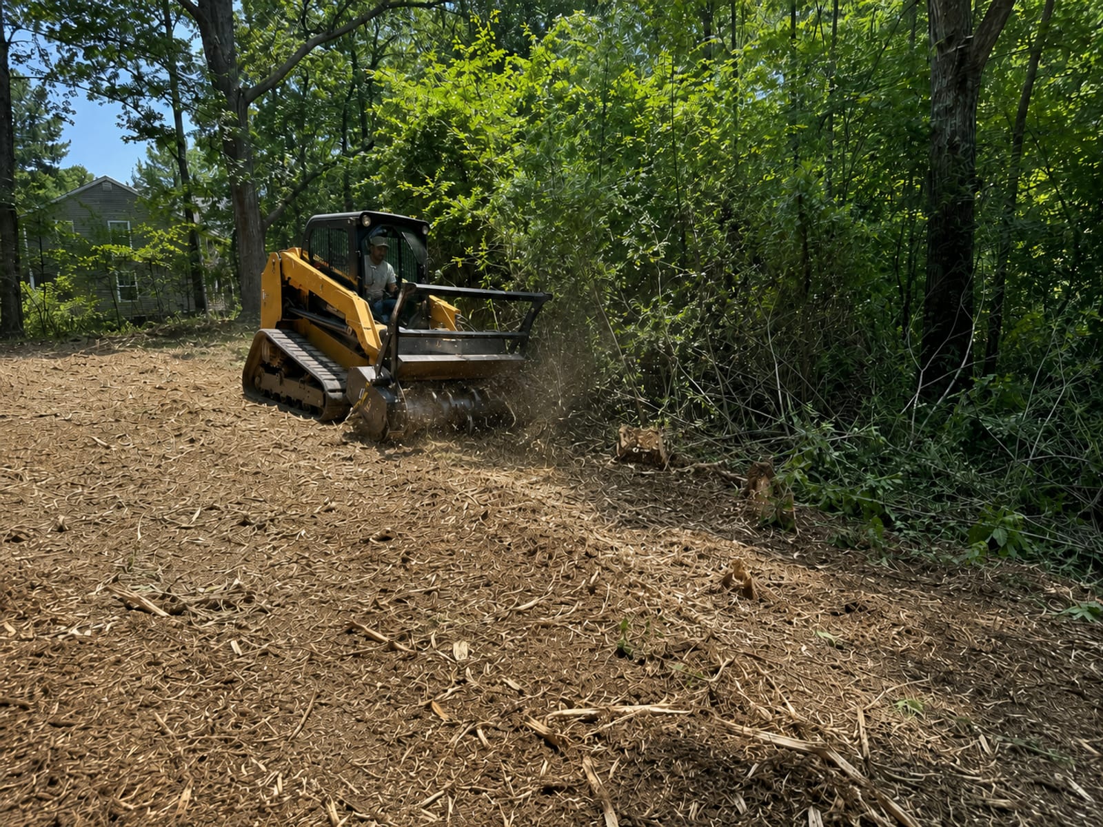 Forestry mulching work in progress on a Connecticut wooded lot showing freshly mulched ground and remaining standing trees at the boundary