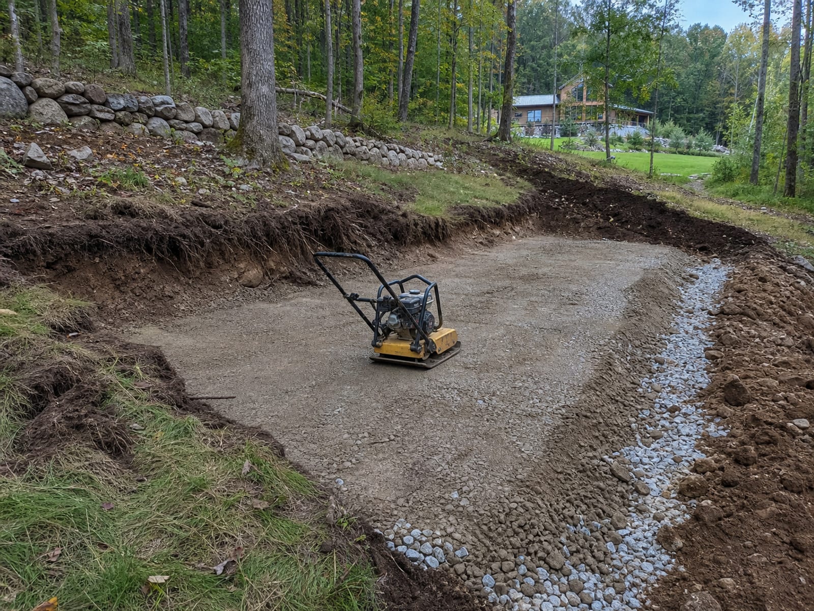 Plate compactor standing idle on a part compacted layer of granular base on a cut and filled terrace beside a wooded slope, subgrade shaped and drainage stone at the low edge