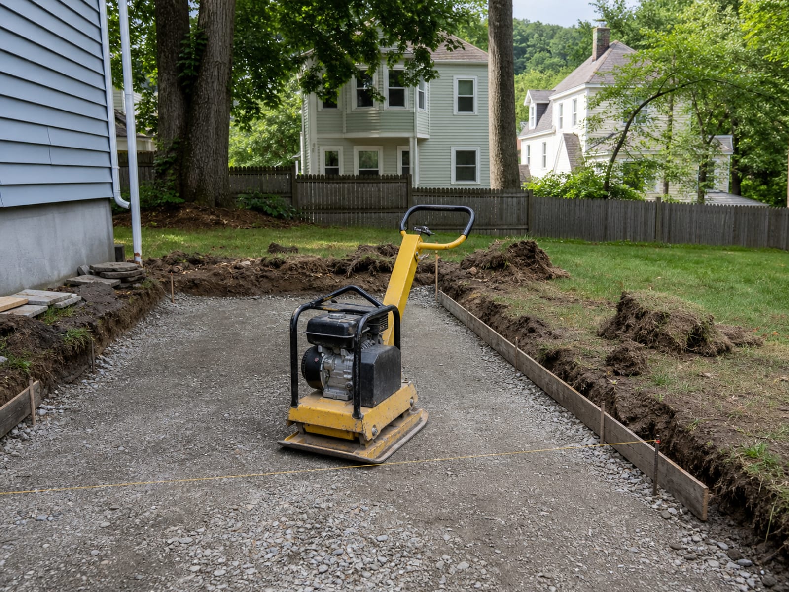 Plate compactor standing idle on a compacted granular base in a prepared patio excavation, with screed rails and string lines set across the open area
