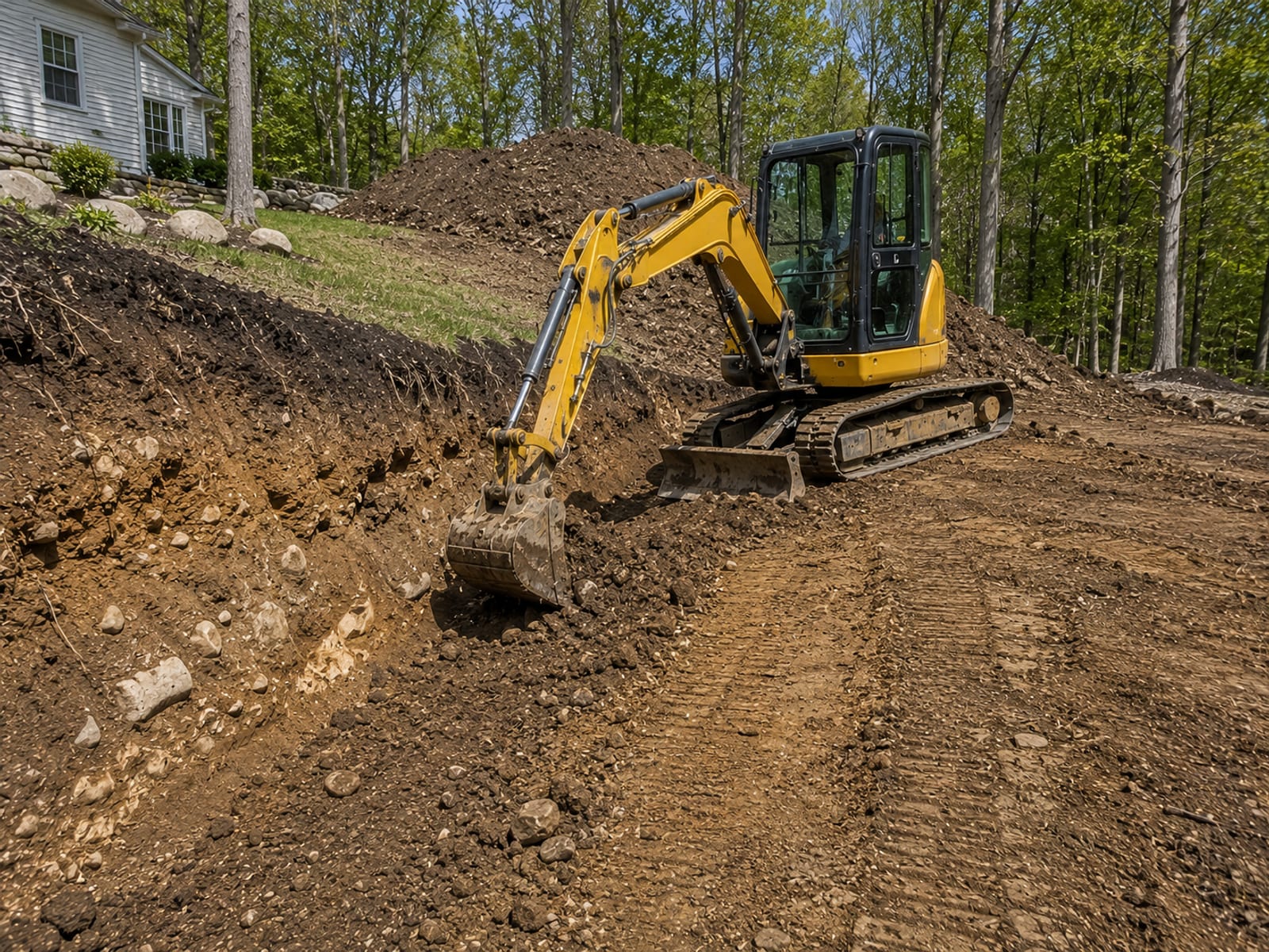 Compact yellow tracked excavator performing cut and fill grading on a sloped residential yard in Oxford CT with displaced soil mounds and exposed subsoil