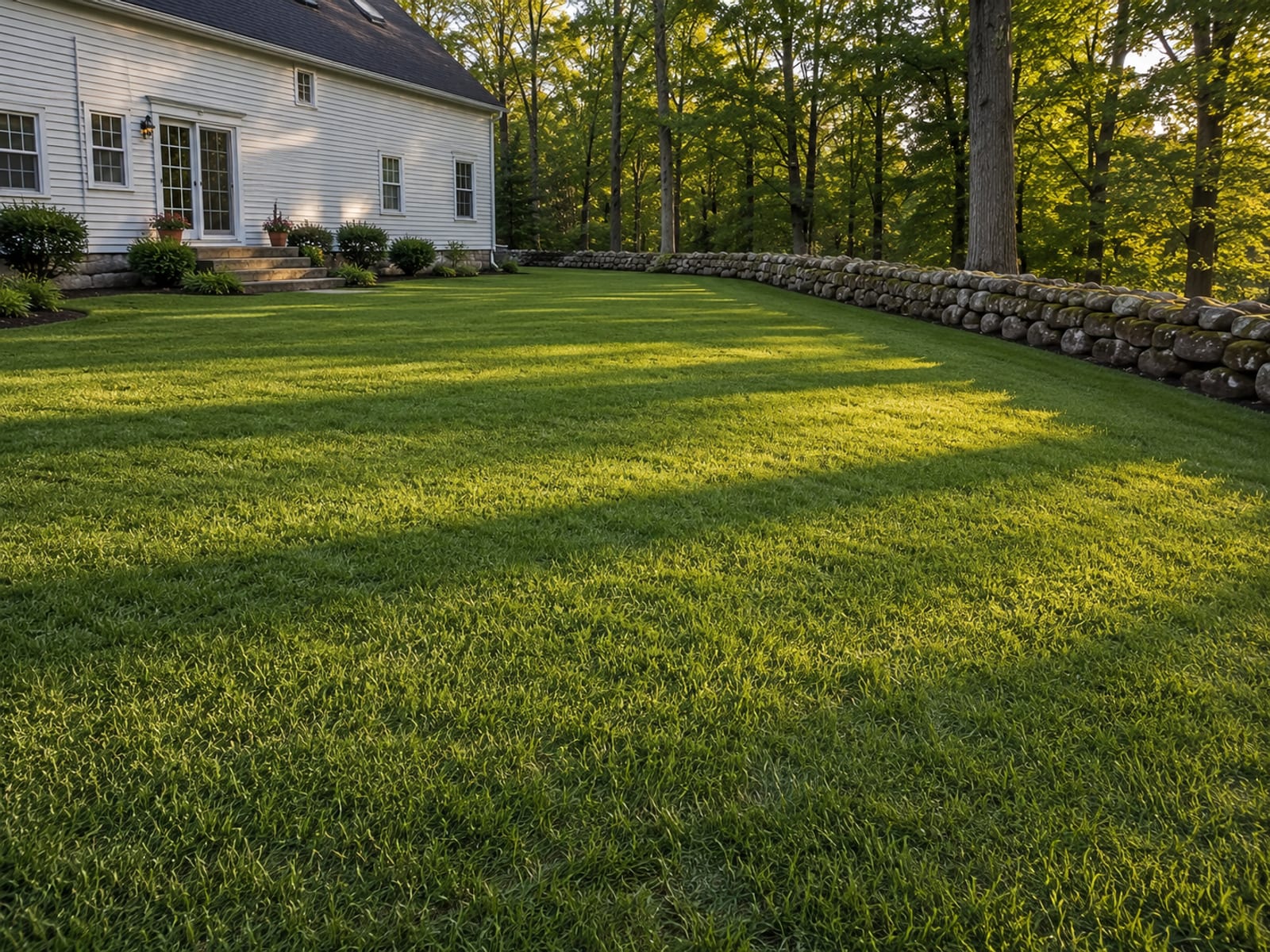 Finished level residential lawn with thick green grass growth after professional excavation and yard leveling in Oxford CT with colonial home and stone wall backdrop