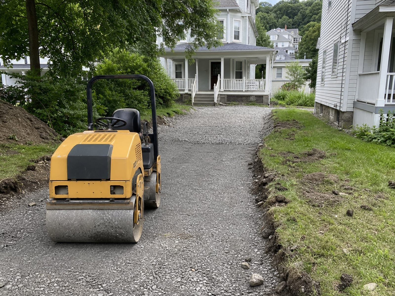 Vibratory roller parked at the end of a compacted course of processed aggregate on a residential driveway, with the uncompacted spread lying ahead of it