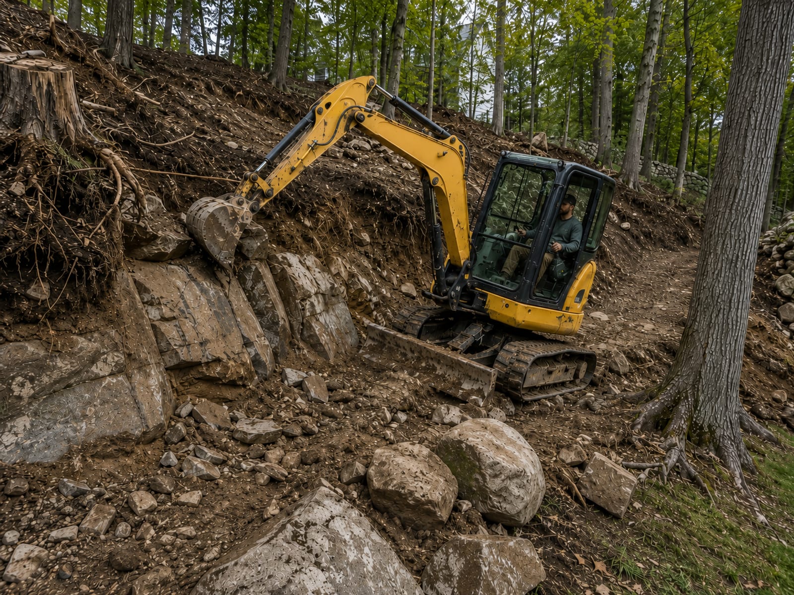 Compact yellow excavator working on a steep boulder-strewn residential lot with ledge rock exposure and limited equipment access in Connecticut