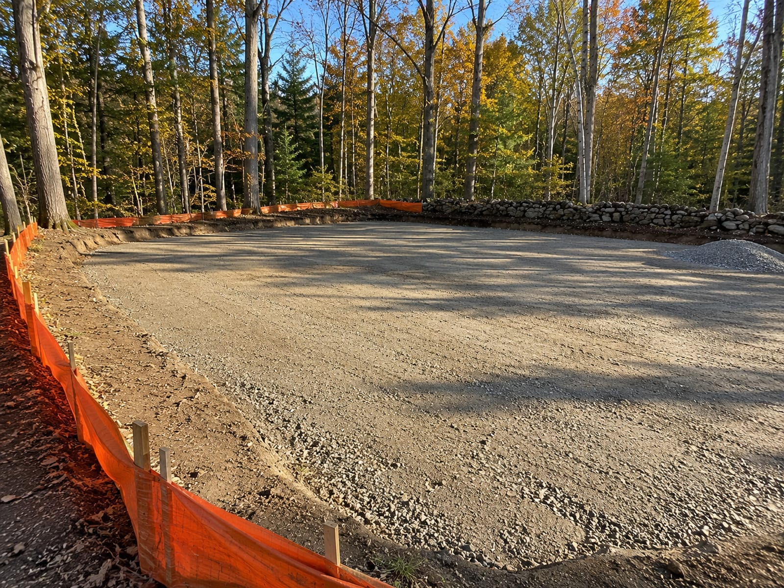 Smooth freshly graded rectangular residential building lot with compacted sub-base gravel ready for foundation forming on a Connecticut property with wooded perimeter