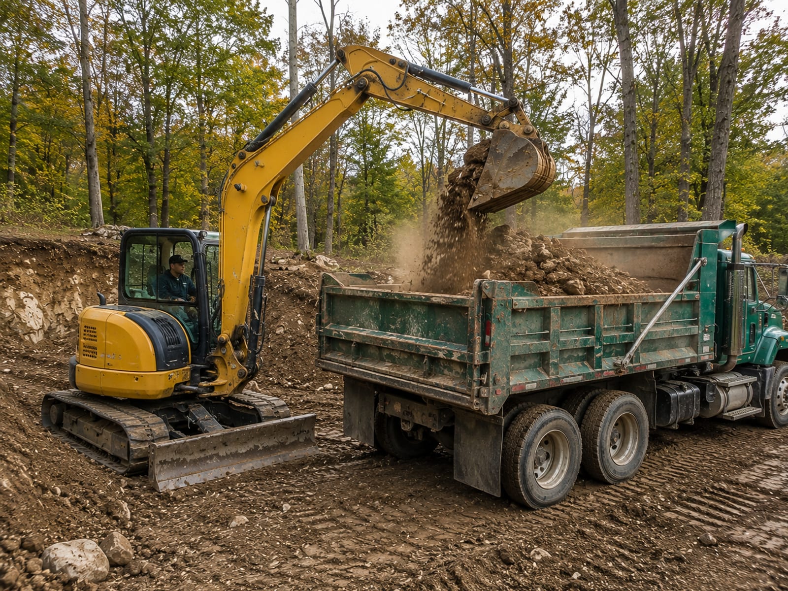 Compact yellow excavator dropping a bucket load of rocky excavated soil into the bed of a green dump truck on a Connecticut residential job site