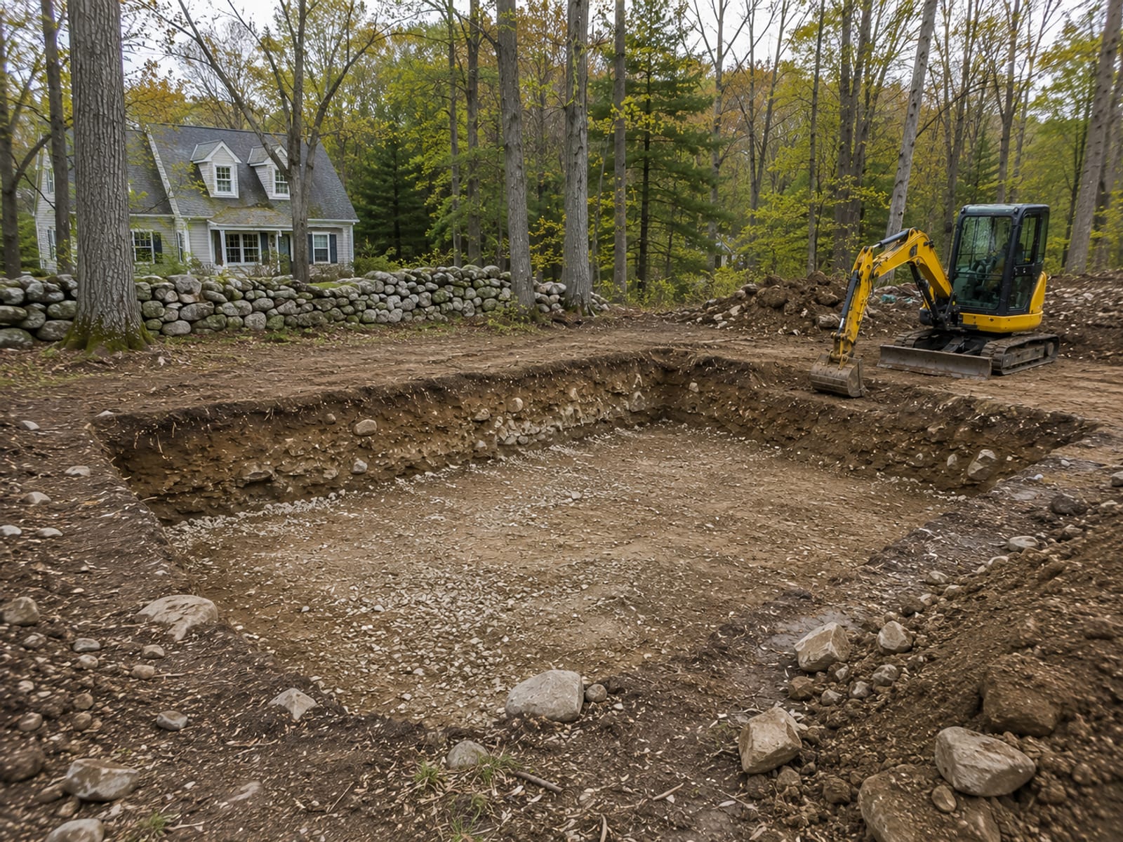 Open residential foundation excavation on a wooded lot in Oxford Connecticut showing cut earth walls with glacial till and rock with a colonial style home visible on an adjacent property