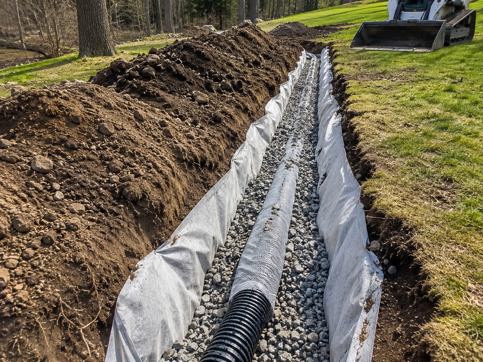 Freshly installed French drain trench with perforated pipe and crushed stone in a Connecticut residential yard