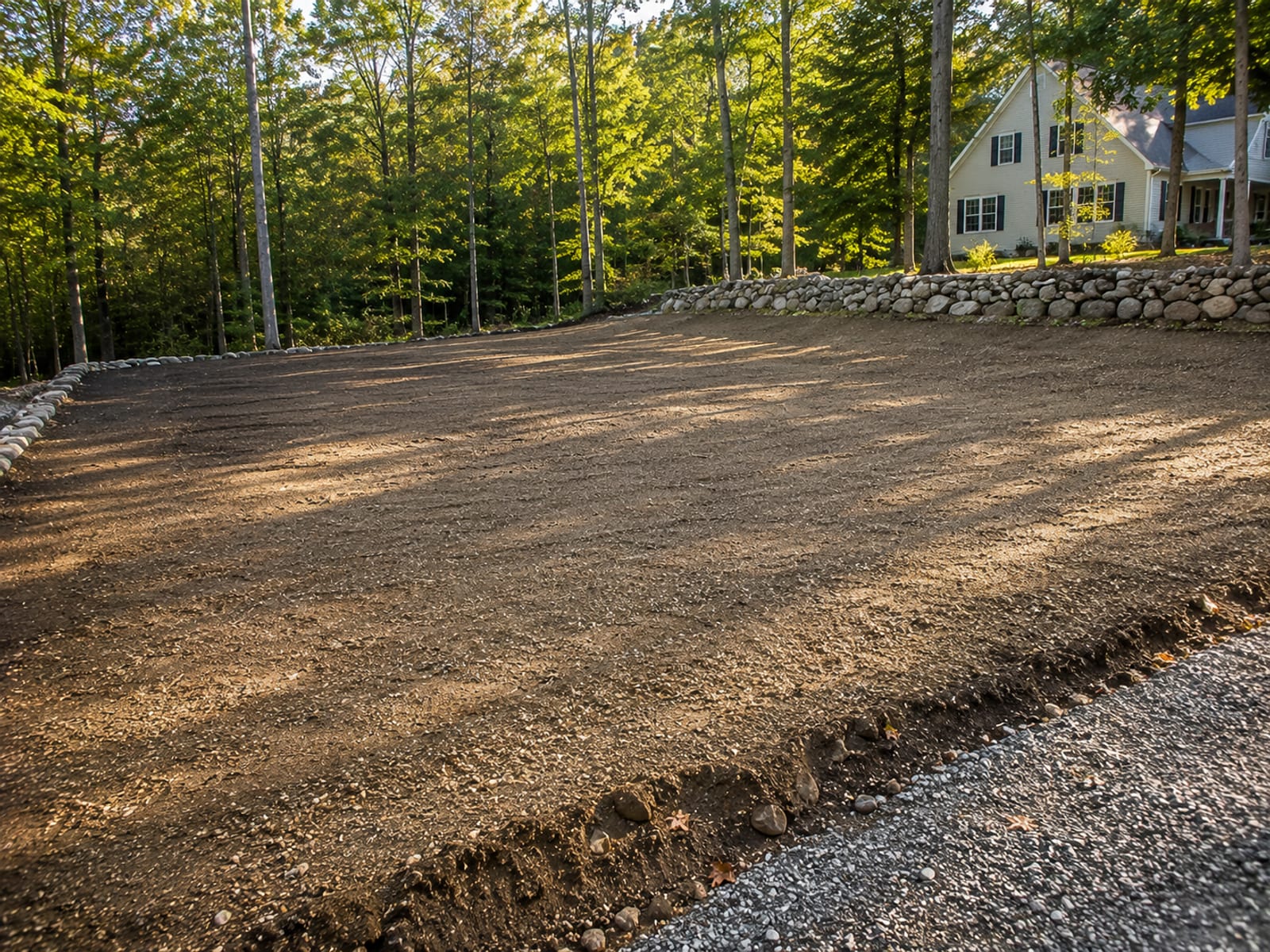 Smooth finish-graded residential lot with a level compacted soil surface ready for construction in Connecticut