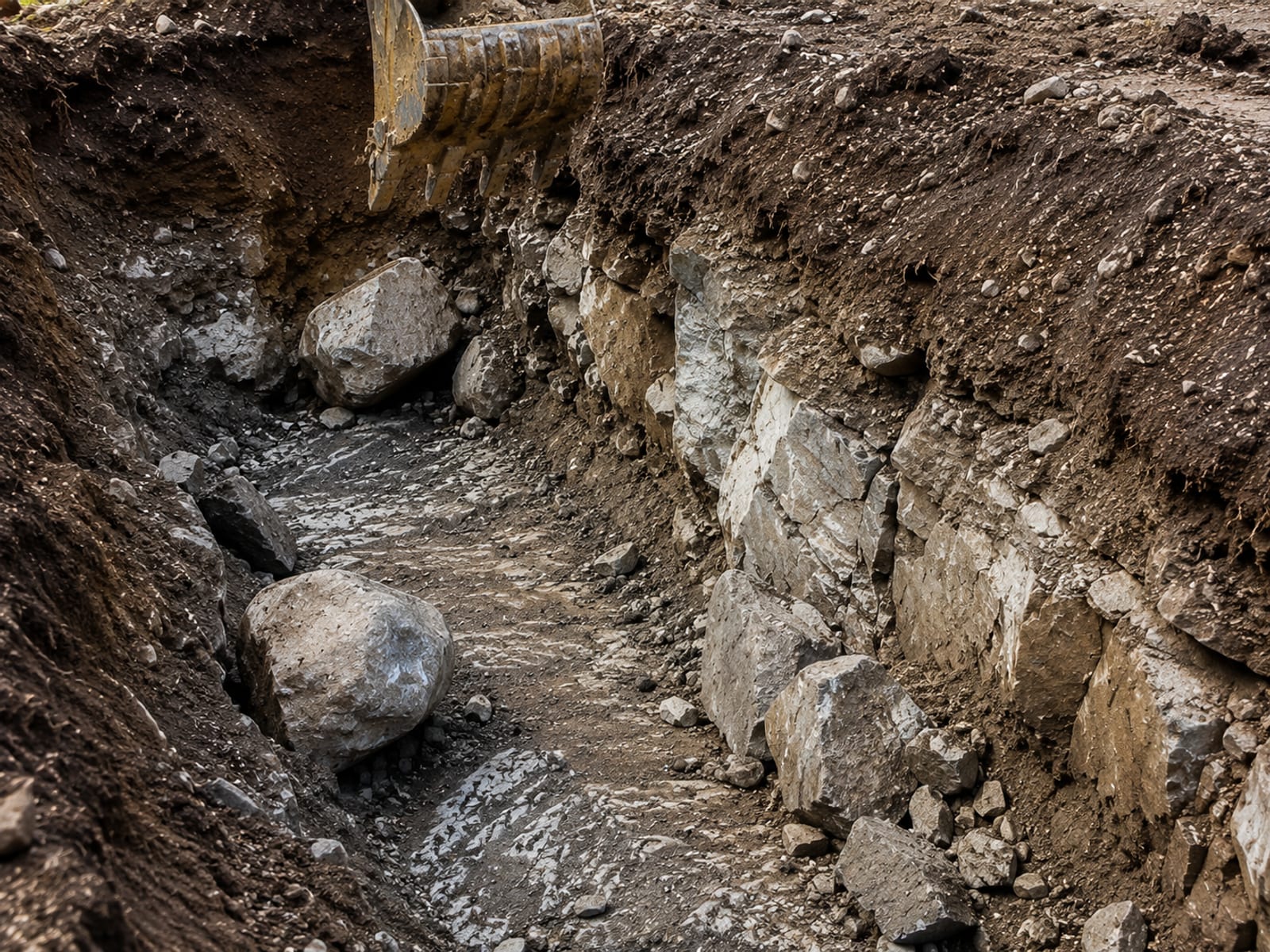 Exposed glacial ledge rock and fieldstone boulders in an open residential excavation trench in Connecticut