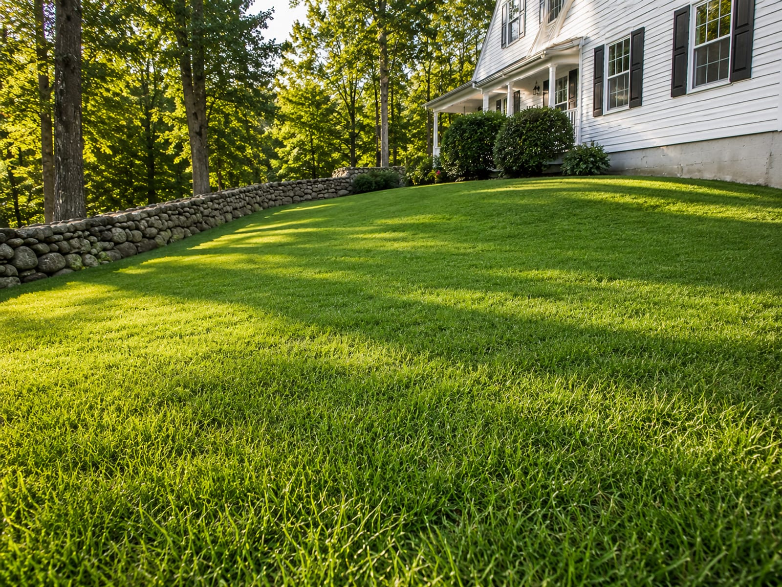 Finished residential lawn with uniform green grass covering a smooth corrected slope beside a colonial home in Connecticut after professional grading