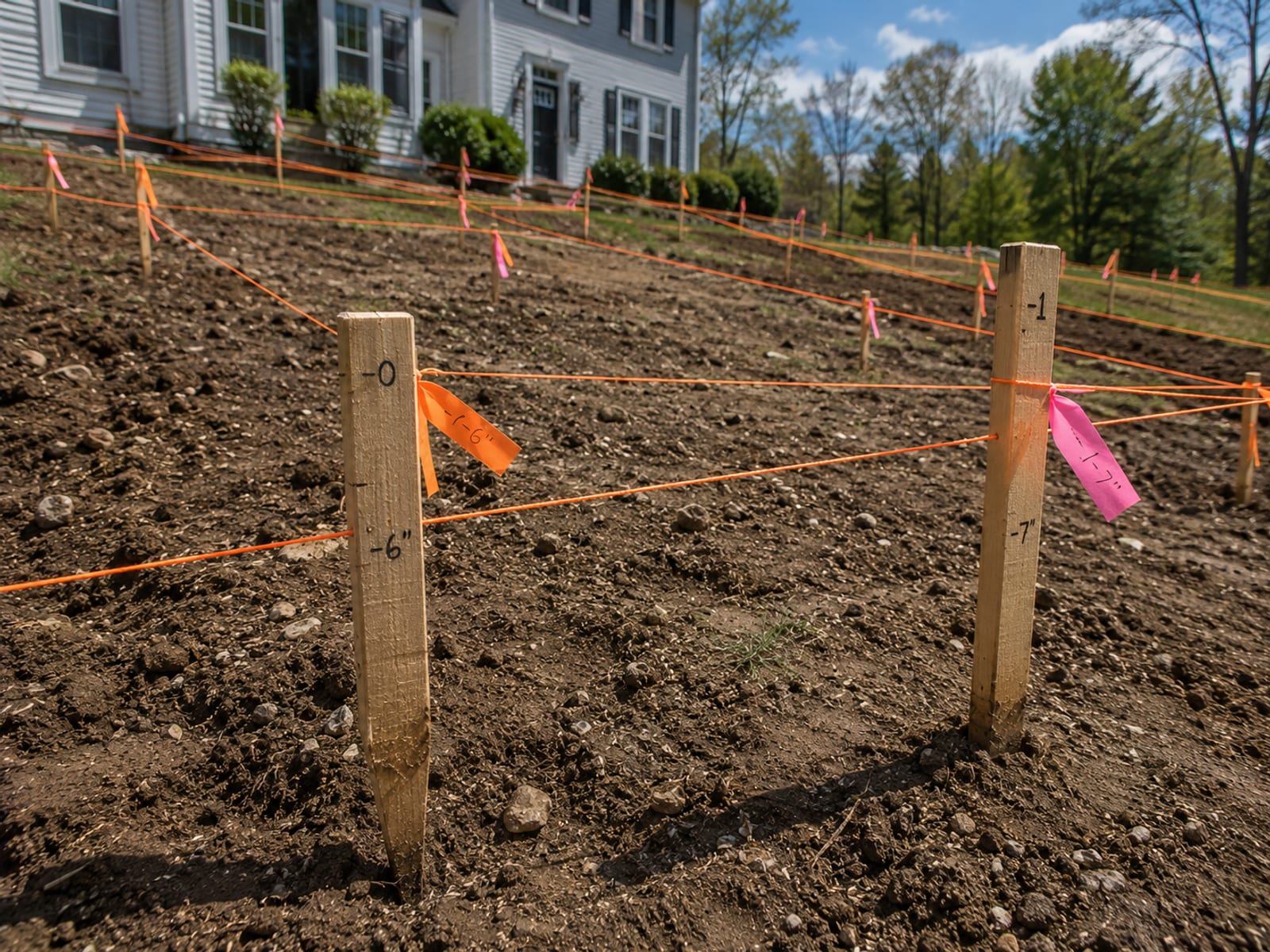 Wooden grade stakes with bright orange string line stretched across a residential yard to establish a precise slope plan before excavation