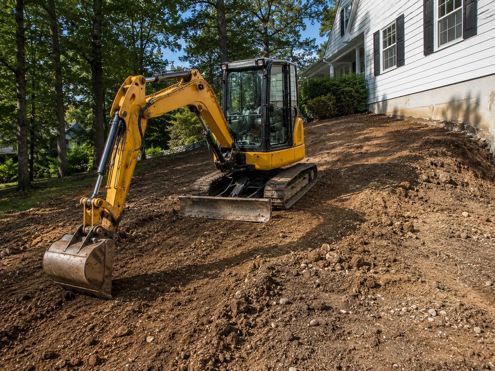 Compact yellow tracked excavator pushing and shaping native soil on a residential lot to correct yard slope beside a colonial home in Connecticut