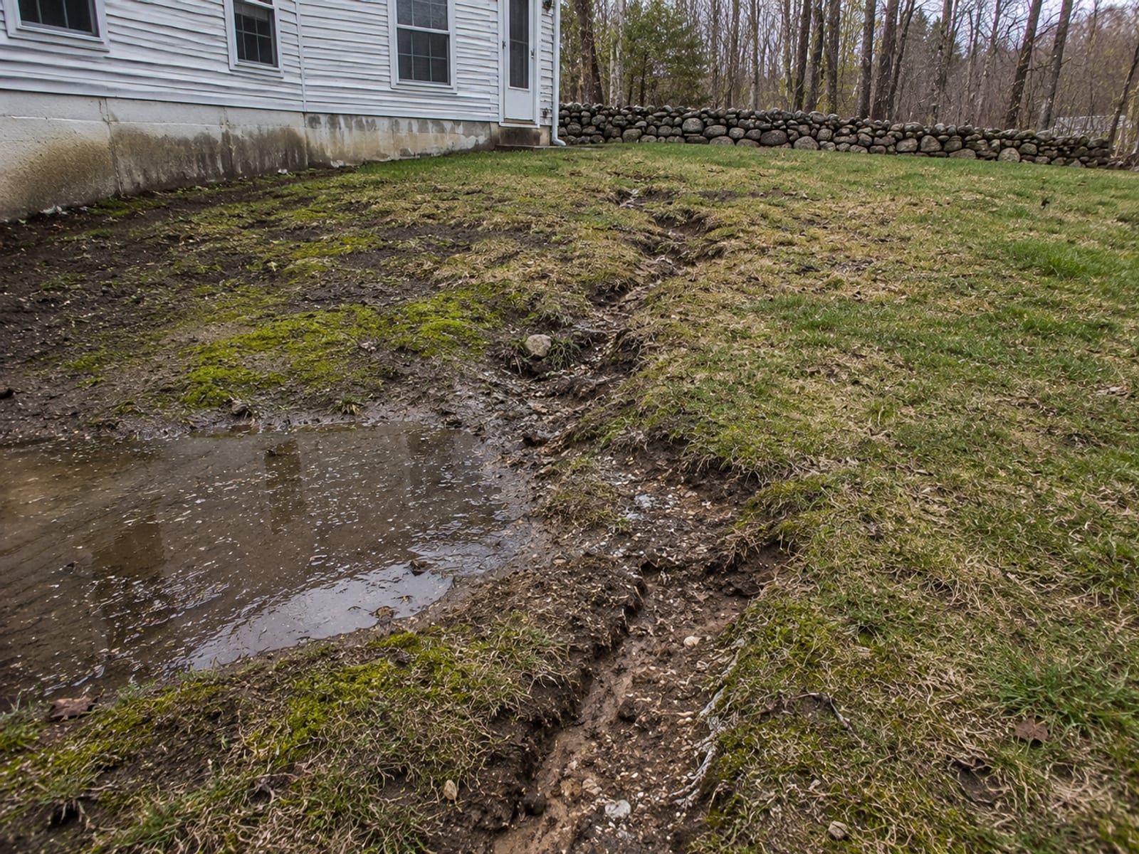 Uneven backyard with erosion channels, pooled water, and bare soil patches on a steep residential slope in Connecticut