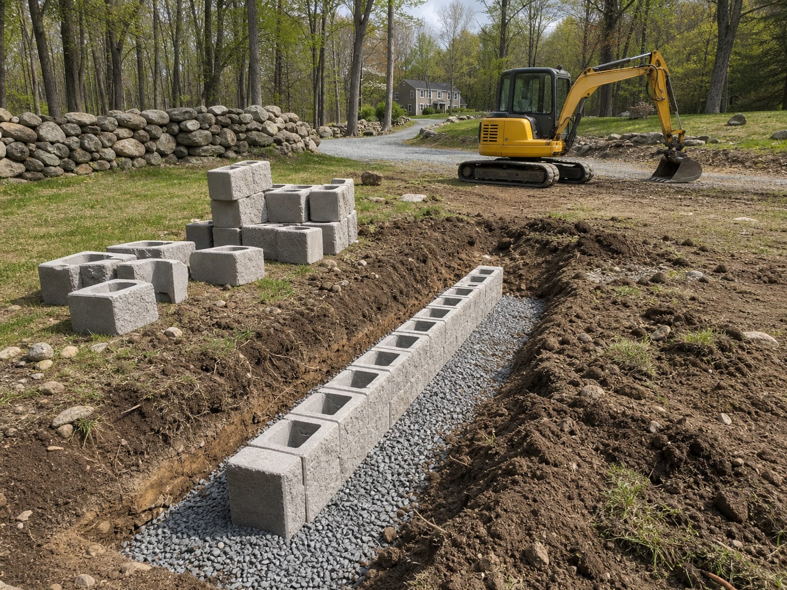 Part built block course standing on a levelled compacted base, with the next blocks stacked ready alongside and a compact excavator parked and idle beyond the trench