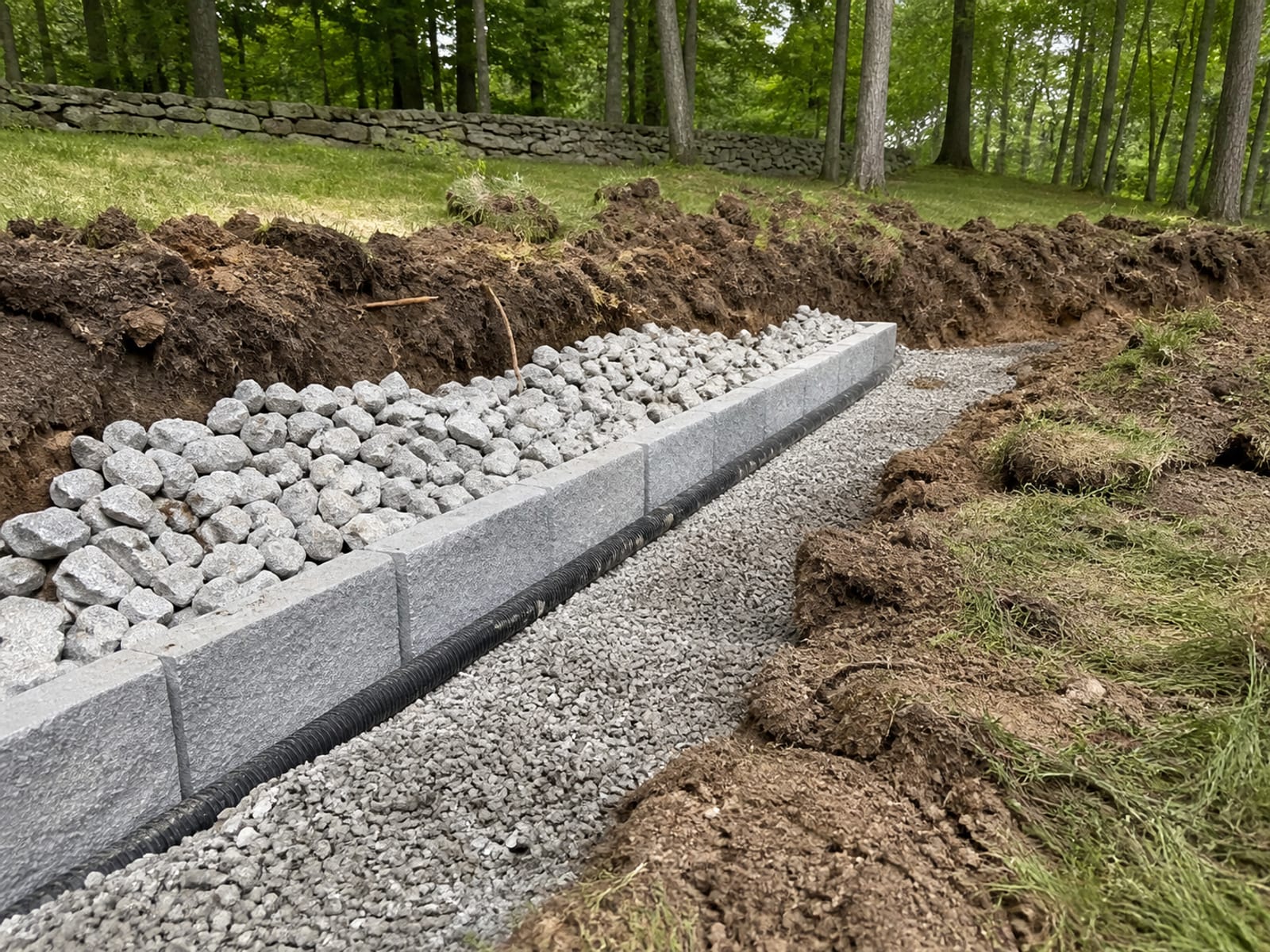 Retaining wall under construction showing the compacted base course, clean drainage stone behind the block, and perforated pipe at the base