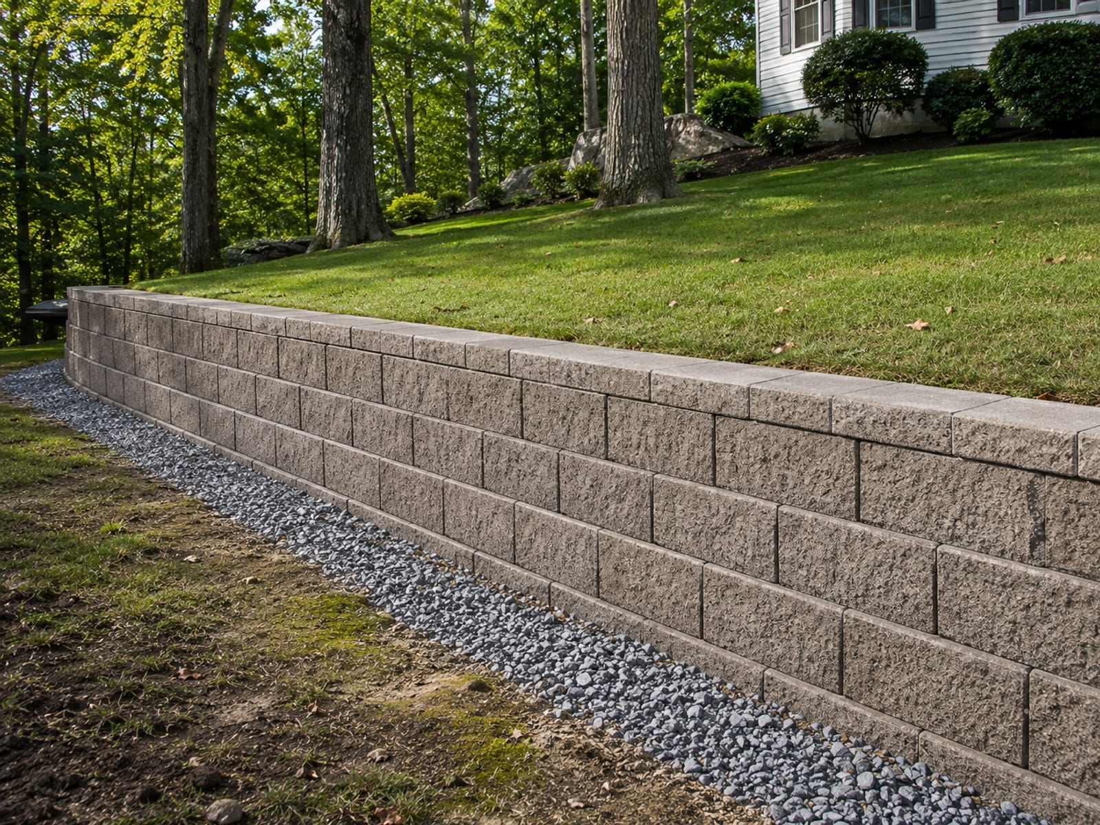 A completed segmental block retaining wall holding back a graded hillside on a Connecticut residential property with clean drainage and level terrace above