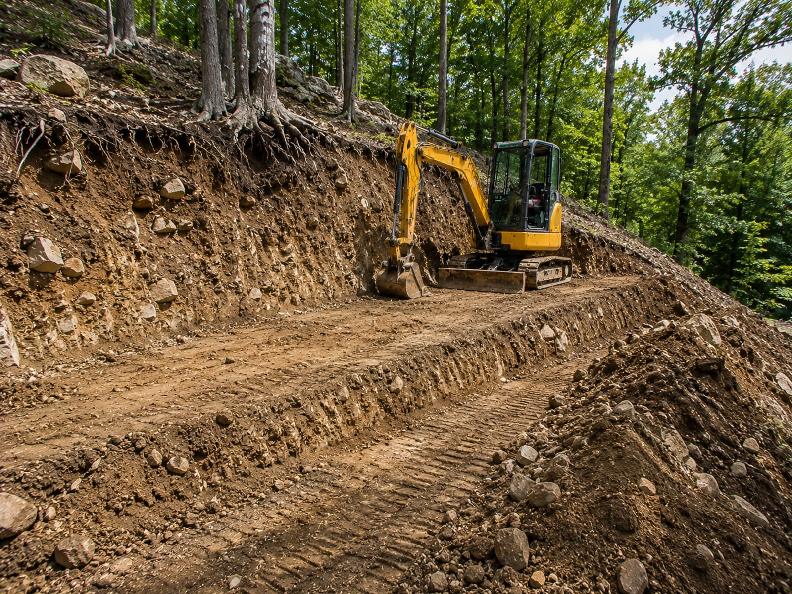 A newly cut and benched slope on a Connecticut residential lot cleared and shaped in preparation for retaining wall construction