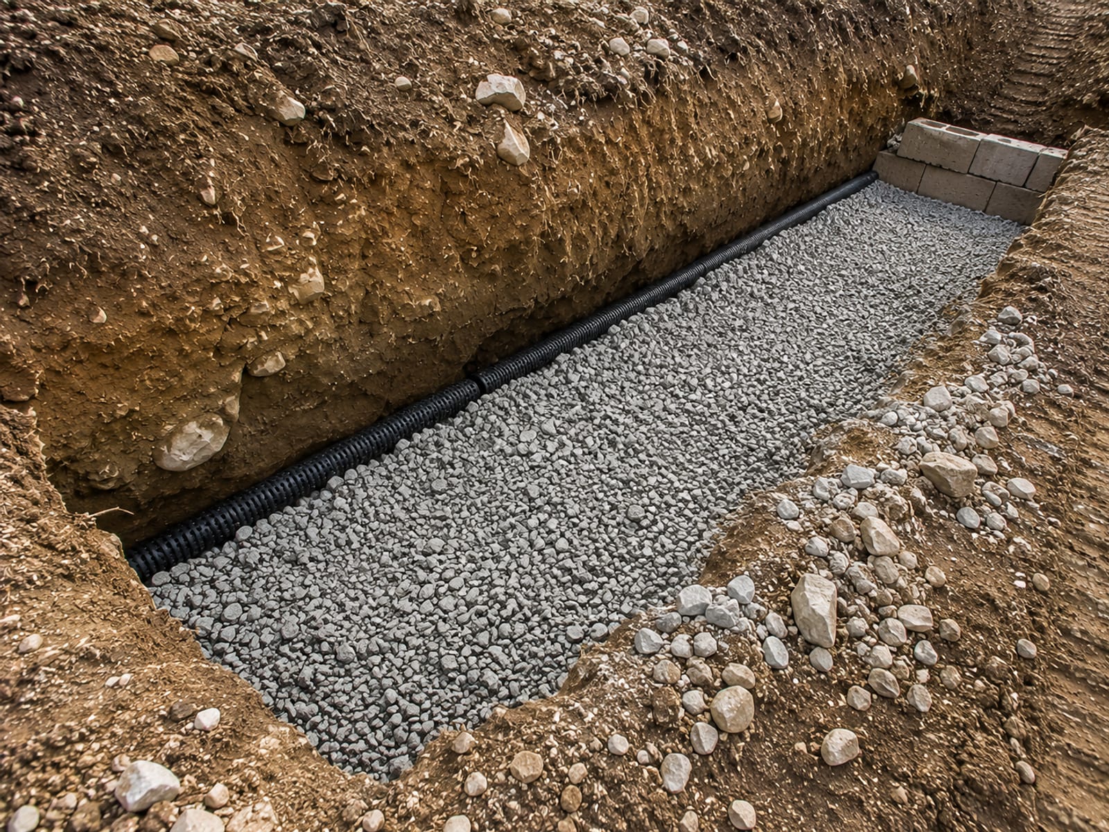 An open retaining wall trench on a Connecticut lot showing a compacted crushed stone base layer and perforated drain pipe positioned for wall footing construction