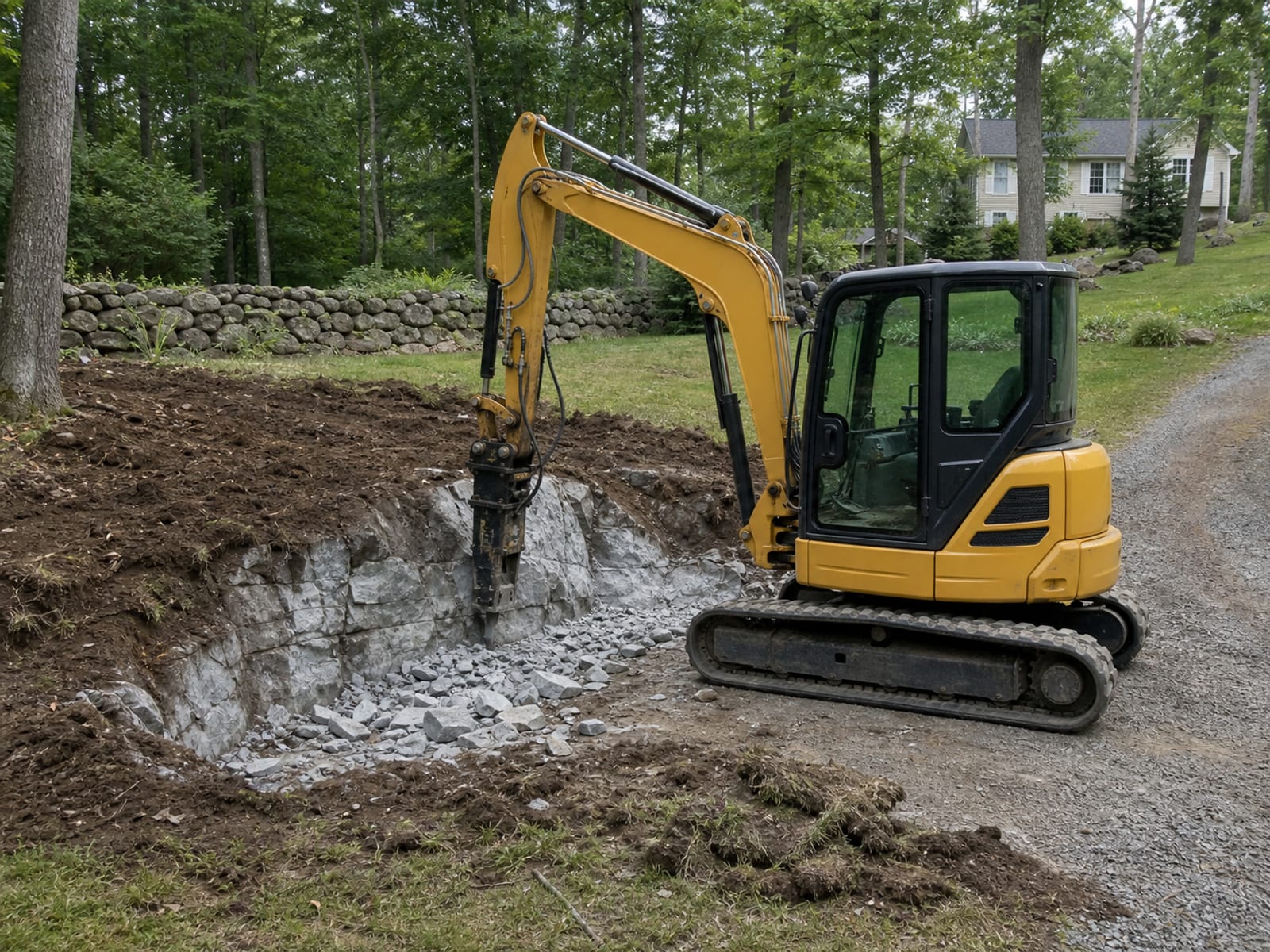 Excavator fitted with a hydraulic hammer breaking exposed rock in an open excavation, with broken material collecting at the working face