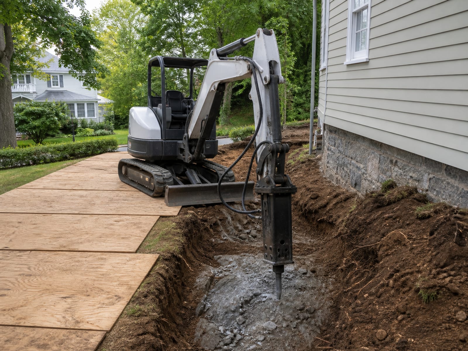 Excavator with a hydraulic hammer breaking rock in a confined excavation close to a house foundation, with plywood protection over the adjacent driveway