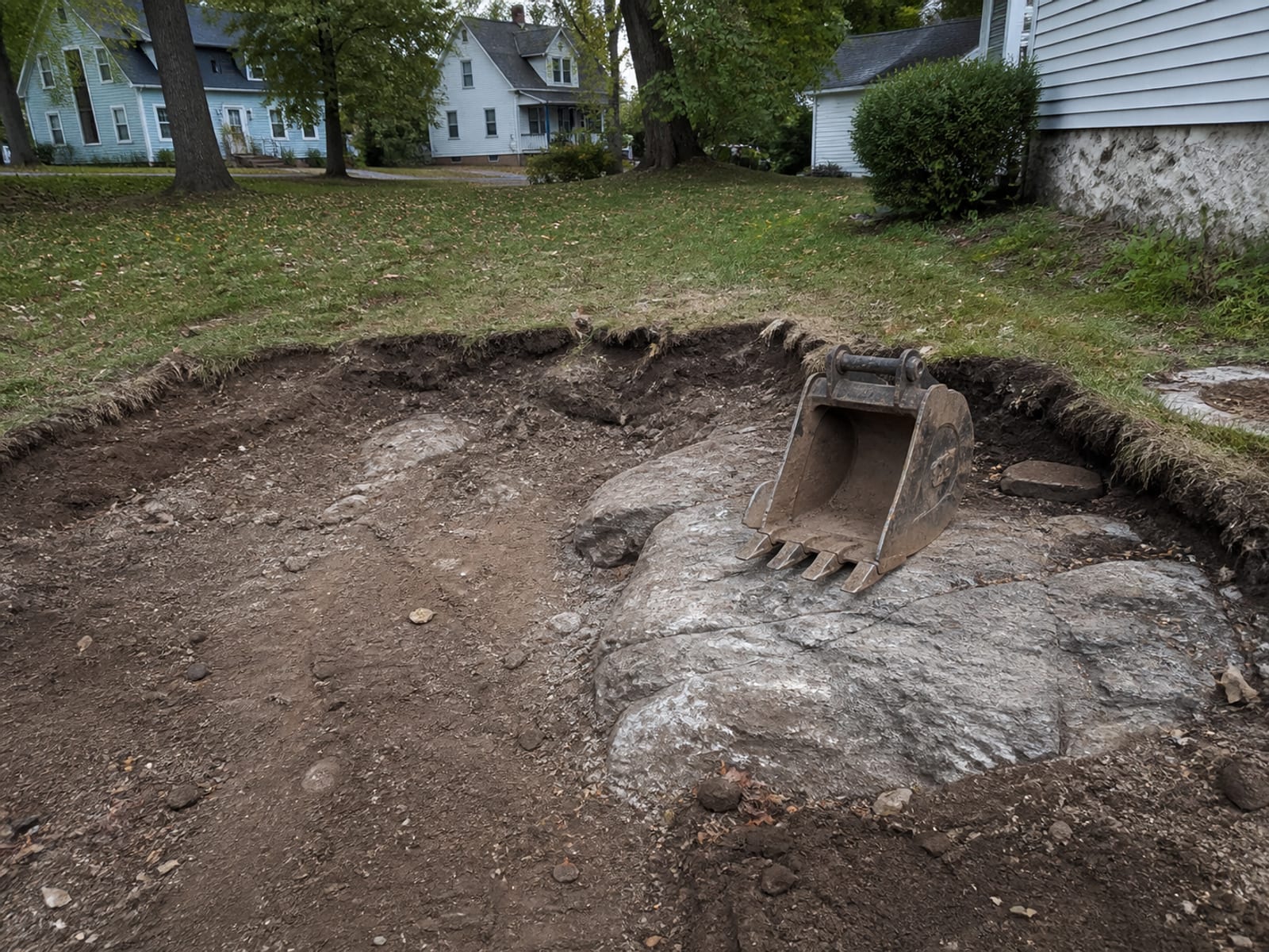 Excavator bucket resting against a hard grey mass exposed in the bottom of an open foundation excavation on a compact residential lot
