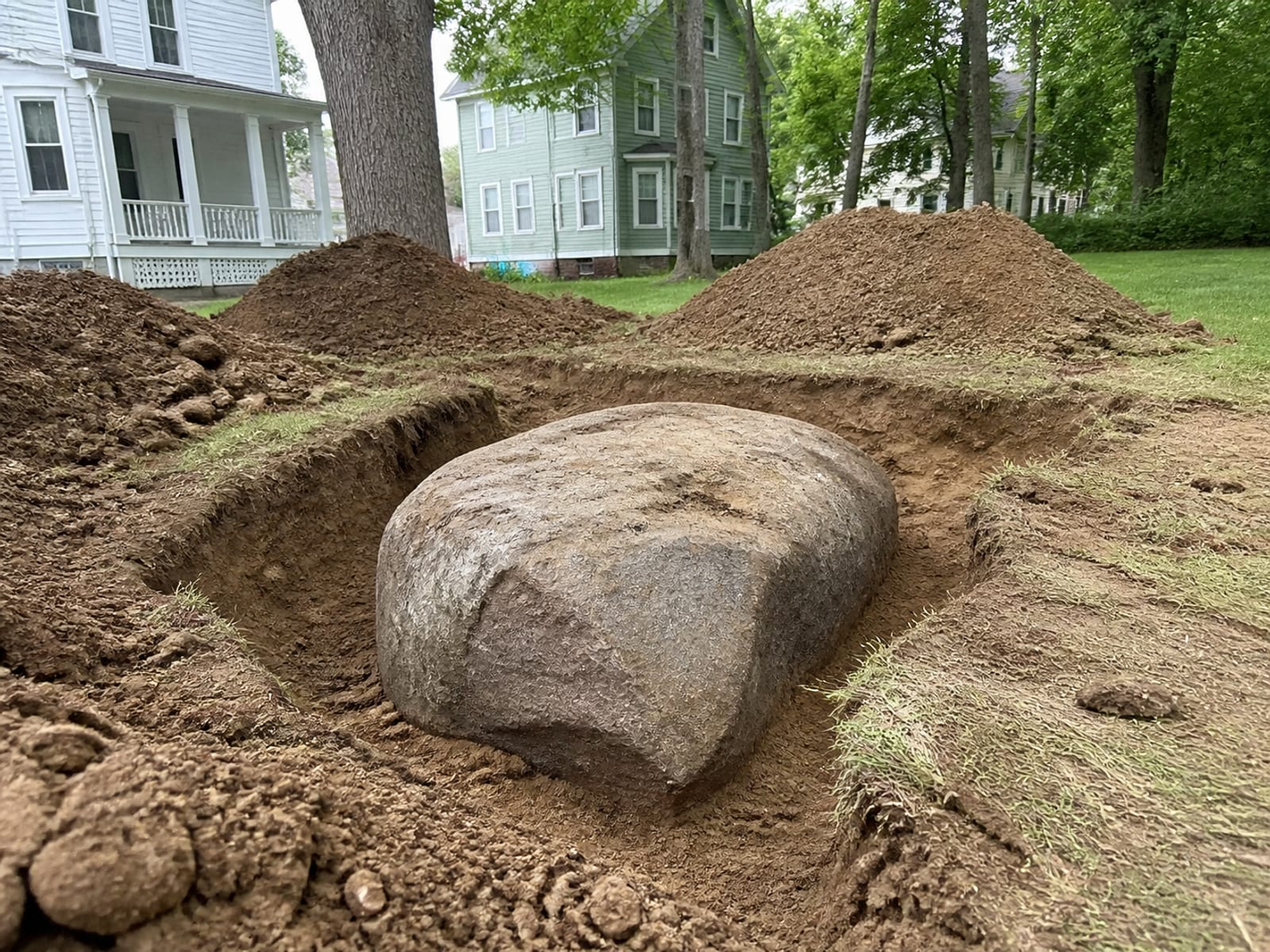 Excavation dug back around a large rock to reveal its sides, with the surrounding soil face scaled back and material set well away from the edge