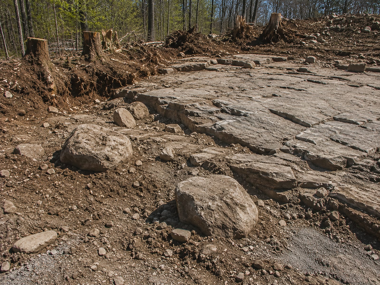 Exposed ledge rock and glacial boulders on a partially cleared Connecticut residential lot showing typical site conditions