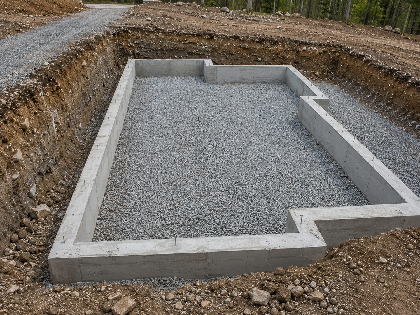 Finished and level residential foundation excavation with clean gravel base and formed concrete footing walls on a Connecticut lot