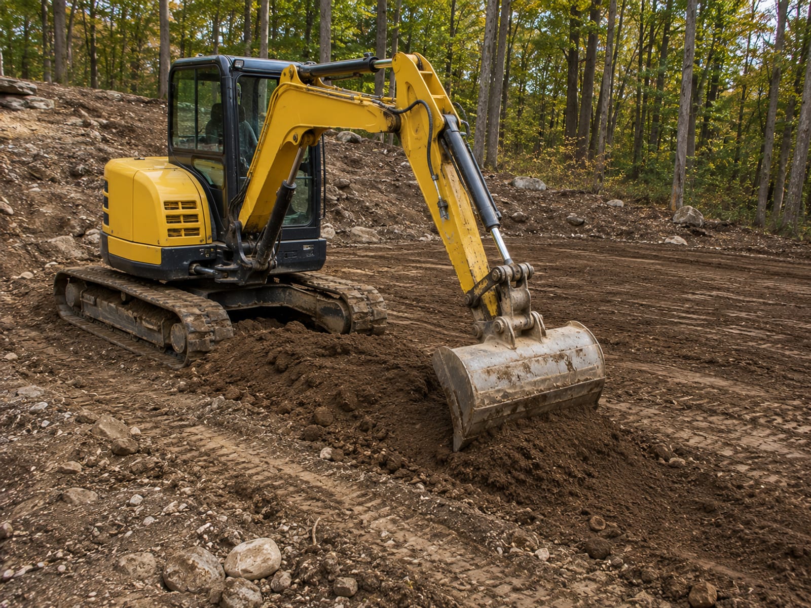 Compact yellow tracked excavator grading and leveling a residential building site on a sloped Connecticut lot