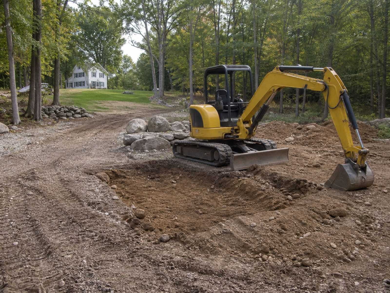 Tracked excavator cutting a foundation excavation on a partly cleared wooded lot, with spoil mounded back from the open edge