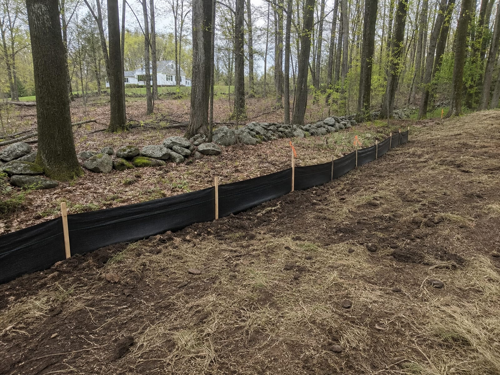 Silt fence installed along the downhill limit of a building lot with orange flagging marking the limit of disturbance at the tree line