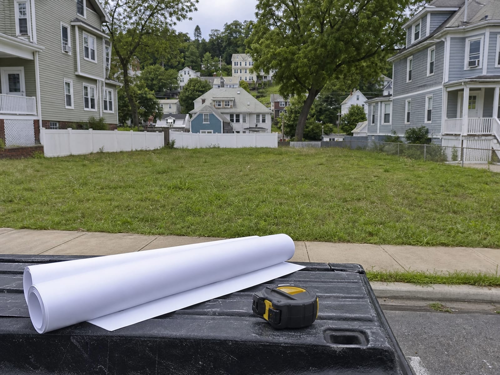 Rolled site drawings and a measuring tape resting on a tailgate at the edge of a cleared residential building lot before earthwork begins