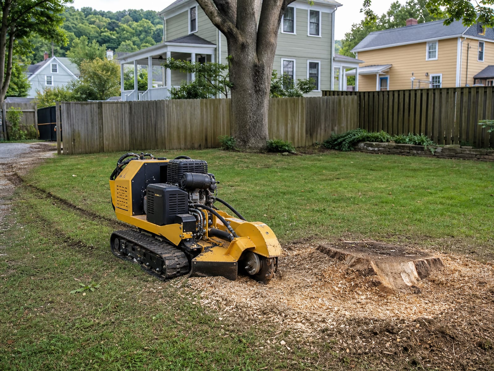 Self propelled stump cutter parked and idle on open lawn beside a partly ground stump, cutter wheel resting on the ground, pale chip mounded around it