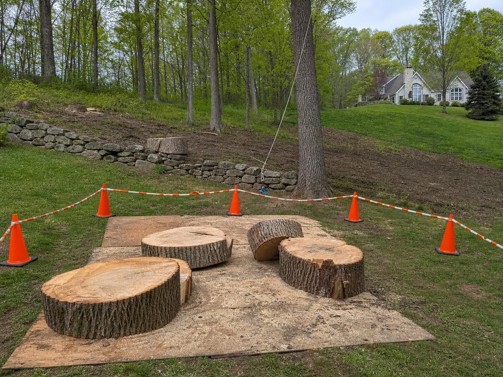 Cut trunk sections lowered onto a protected landing area with rigging rope still running up into the tree from a lowering device at the base, the drop zone roped off and empty