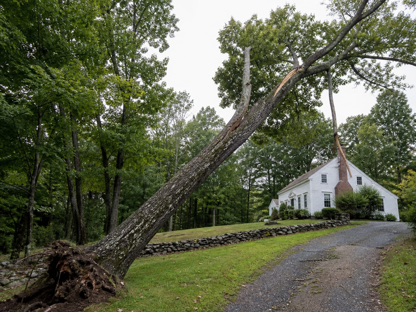 Large hardwood leaning toward a rural house after storm damage, with a split fork high in the trunk and a torn limb hanging in the canopy