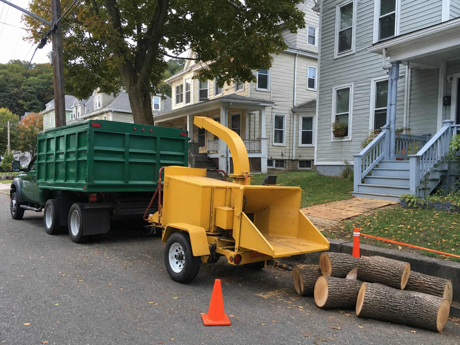 Chip truck and wood chipper parked at the curb outside a house with cones set out and a taped work area between the street and the side yard