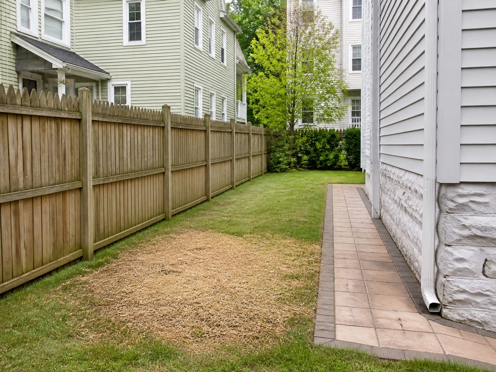 Narrow side yard after tree removal with the stump ground below grade, chips raked back, and the fence and pavement undamaged