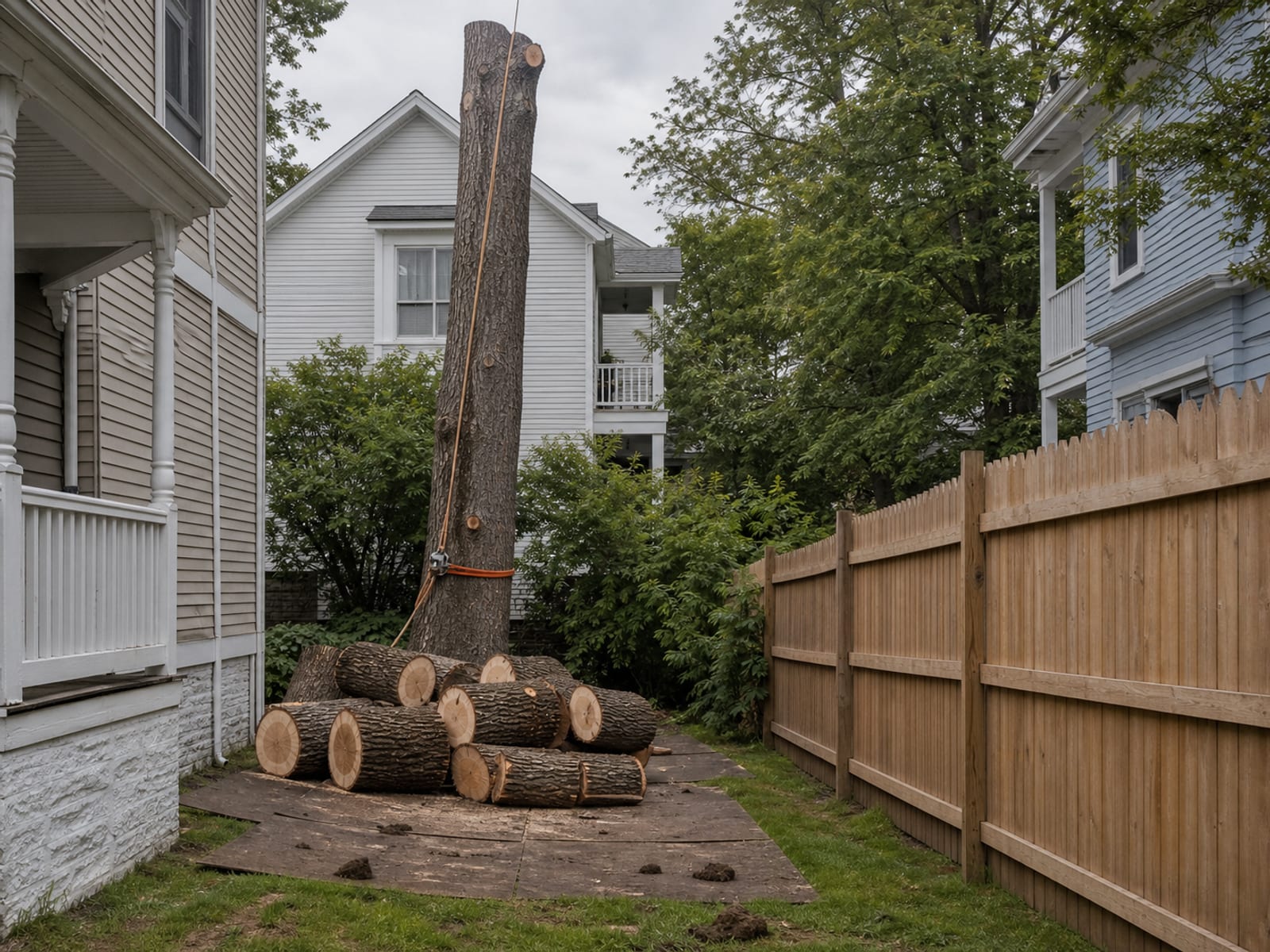 Rigging rope running from a lowering device at the base of a partly dismantled tree up into the remaining stem, with cut sections stacked on a protected landing area below