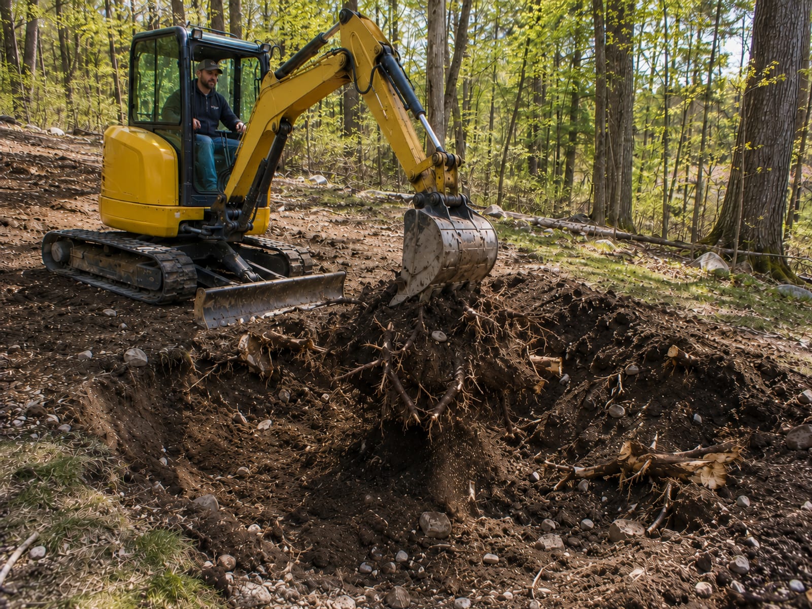 Compact yellow tracked excavator actively lifting a large root ball from an open excavation pit on a Connecticut residential lot