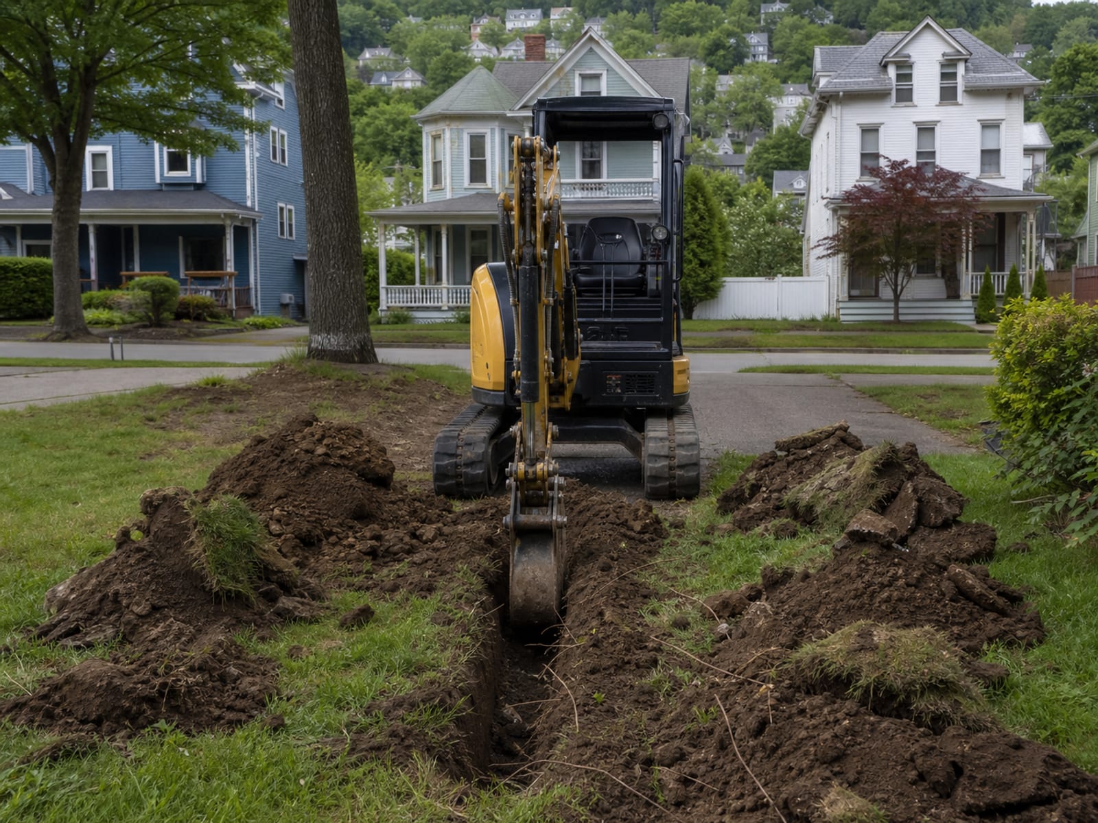 Compact tracked excavator parked and squared up at the open end of a utility trench on a residential lot, bucket resting on the ground