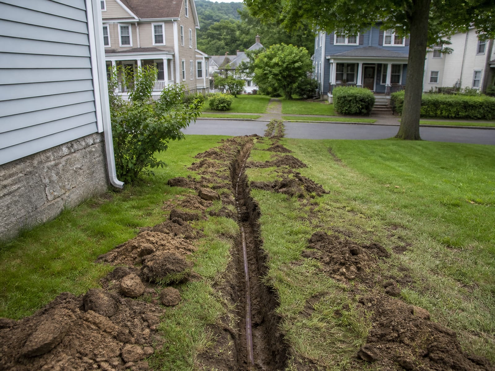 Narrow open utility trench running from a house foundation across a residential yard toward the street, with spoil set back from both edges