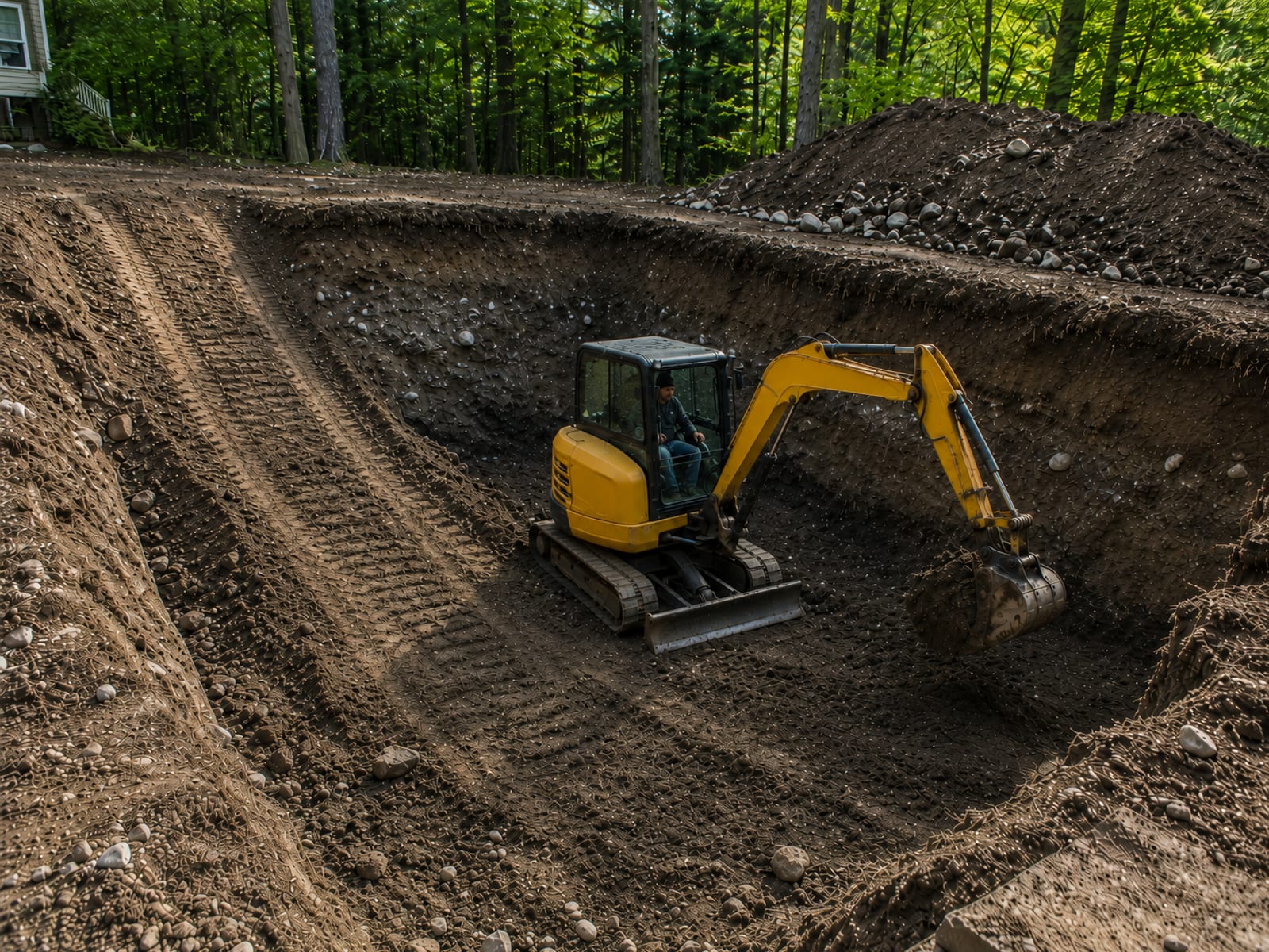 A compact yellow tracked excavator actively digging into dark glacial till soil inside a growing residential foundation pit on a wooded Connecticut lot
