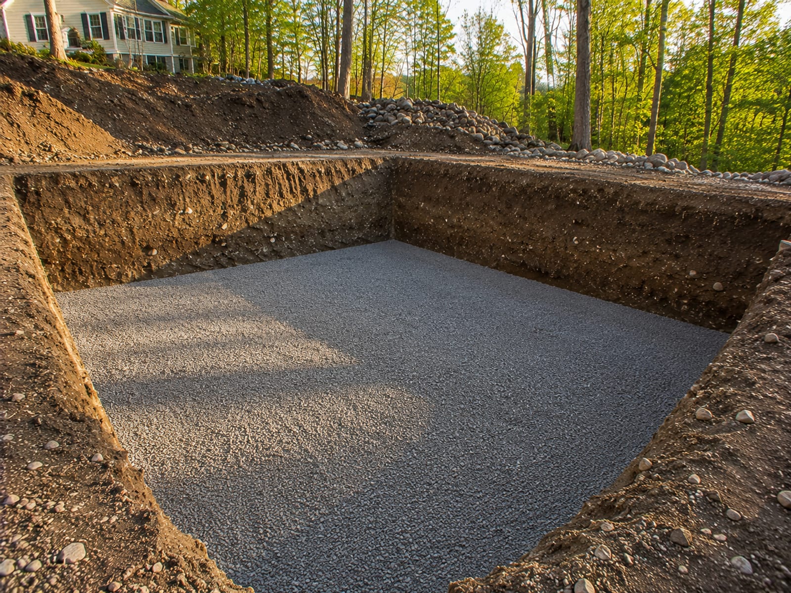 A completed residential foundation excavation pit in Connecticut with clean flat gravel-covered floor and straight soil walls ready for footing installation