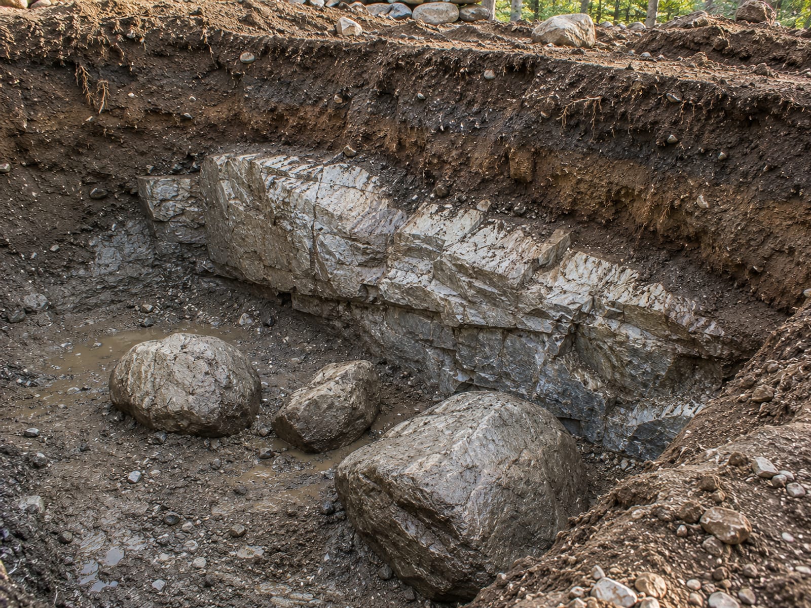 Exposed granite ledge rock and glacial boulders revealed inside a partially excavated Connecticut foundation pit showing challenging subsurface site conditions