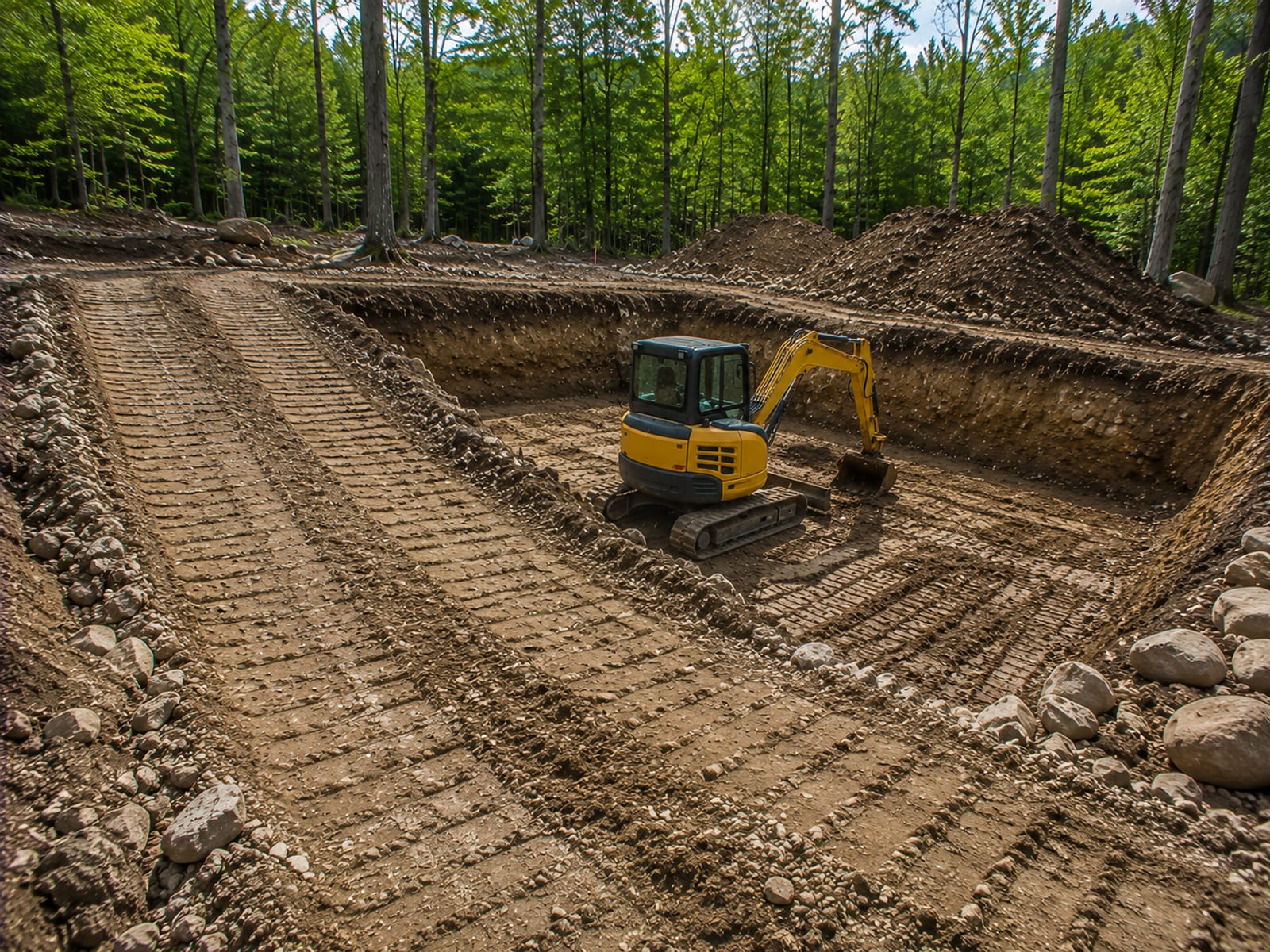 Compact yellow tracked excavator actively digging a foundation pit on a wooded Connecticut residential lot with freshly exposed soil walls and debris piles